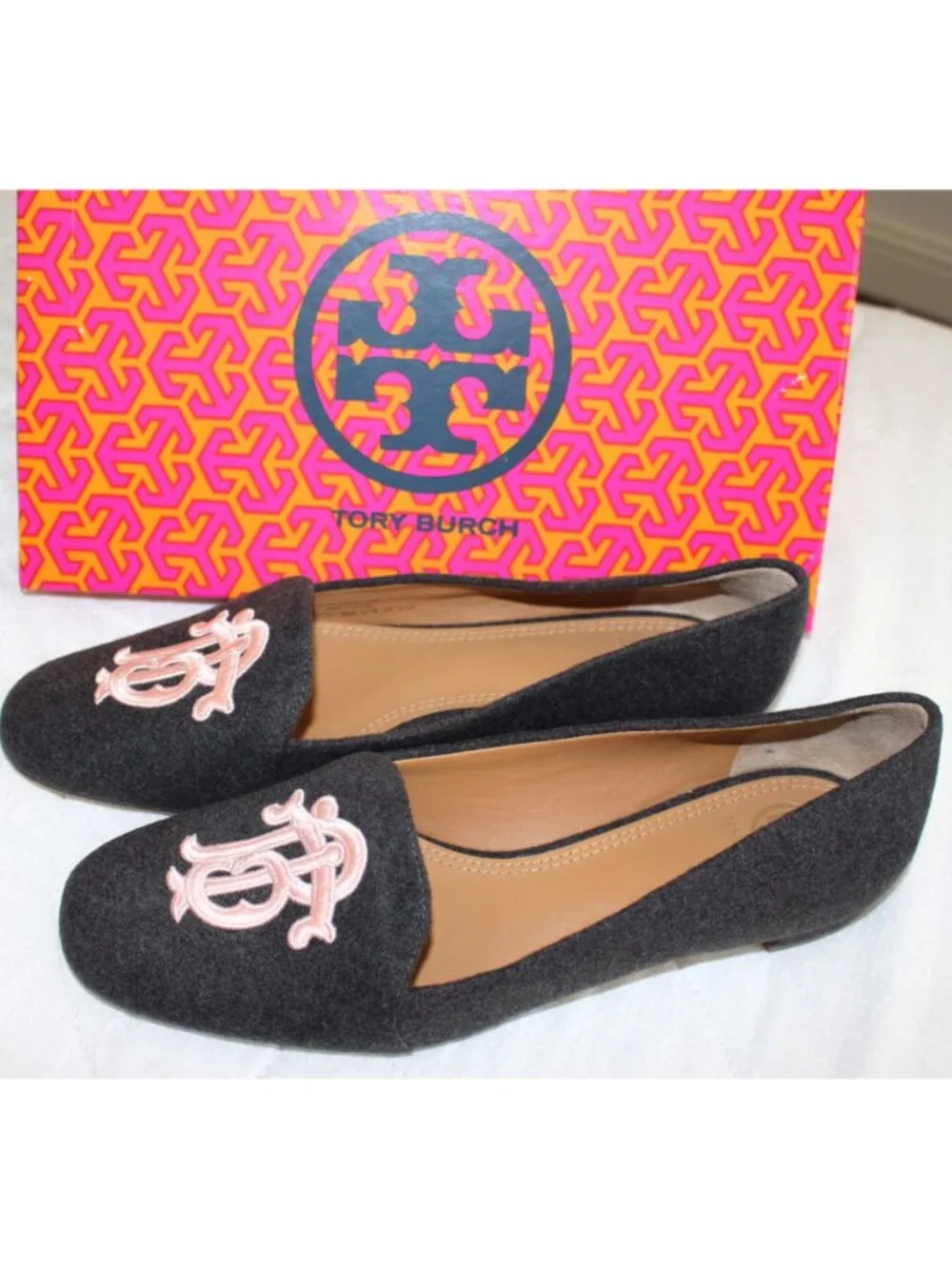 NEW Tory Burch Antonia Monogram Loafer Flats - Grey + Pink, size 8.5 - $298
